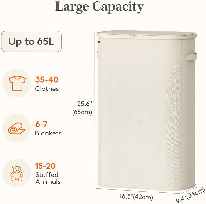 Lifewit Slim Laundry Basket with Lid, Narrow Large Laundry Hamper with Plastic Handles and Removable Bag, Tall Foldable Dirty Clothes Hampers for Laundry Room, Bedroom, Bathroom, Dorm, 65L White