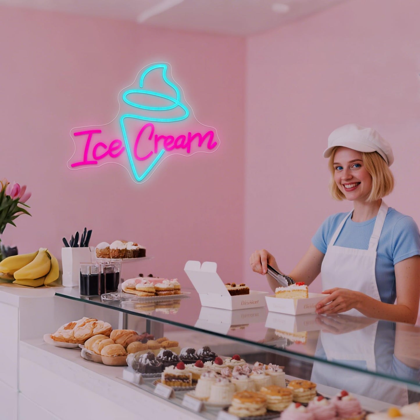 Ice Cream Neon Sign - Dimmable USB Ice Cream Letter Neon Light Up Signs for Business Store Cafe Drink Shop Office Bedroom Restaurant Decor Adjust Brightness