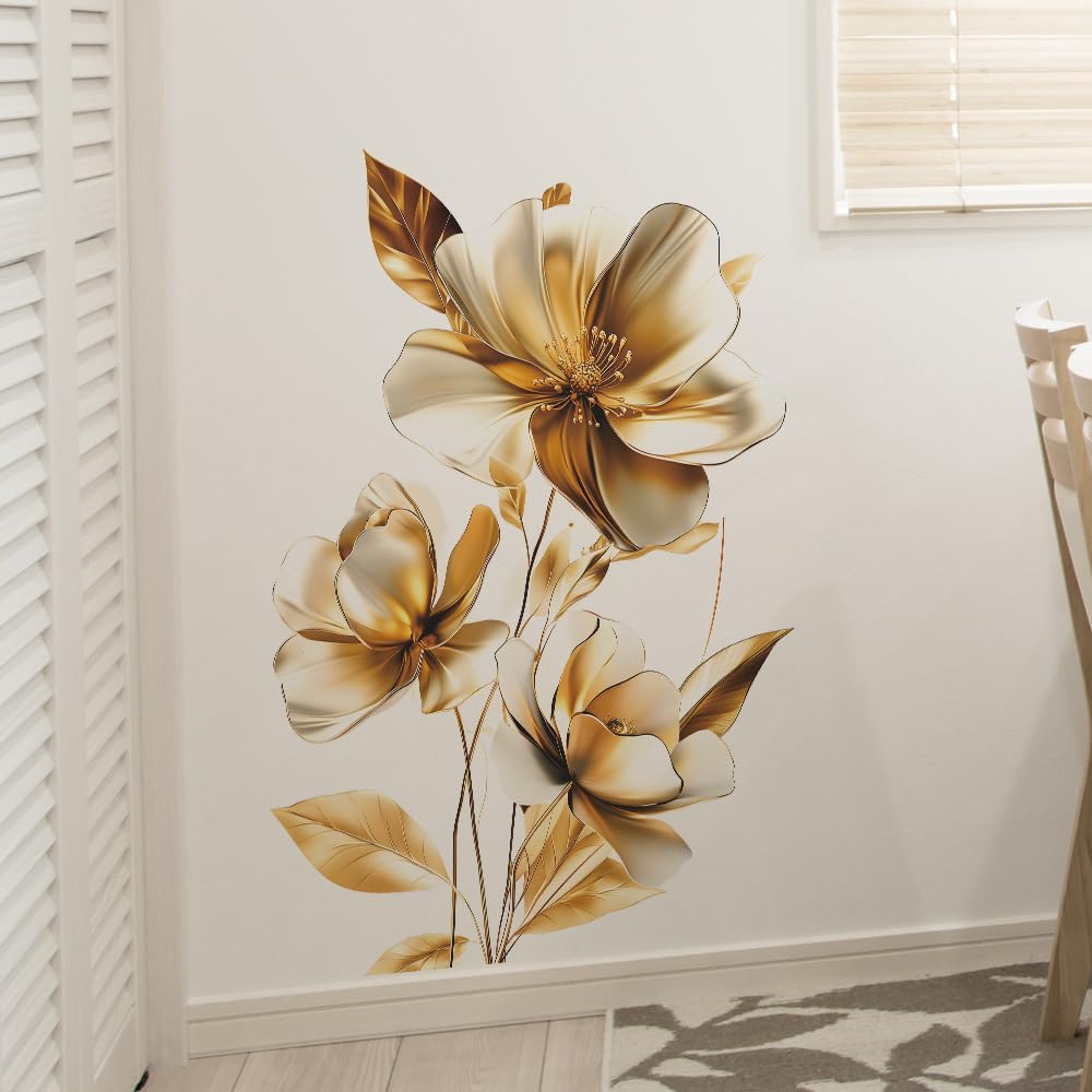QXFHULV Flower Wall Stickers Floral Plants Wall Art Decals for Bedroom Living Room Sofa TV Background Home Decor (Gold)