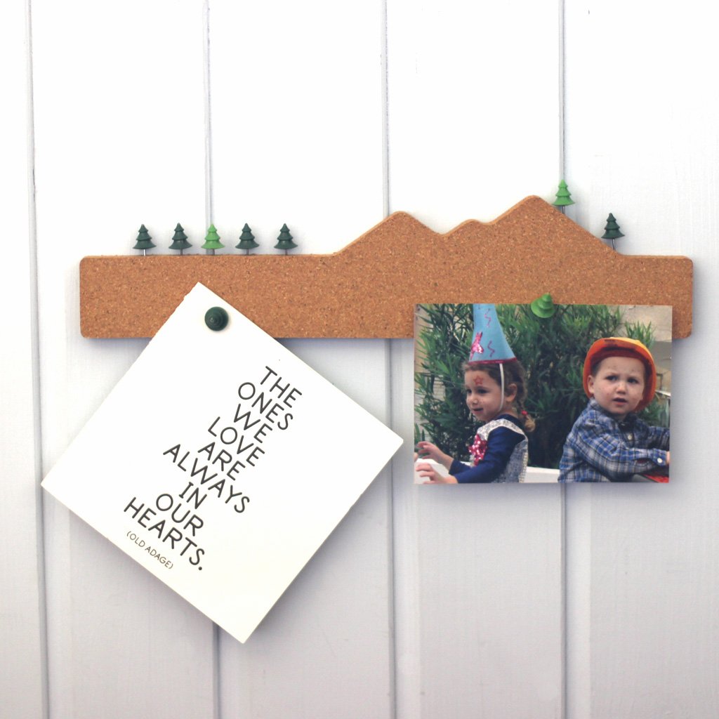 Monkey Business Memo Mountain Cork Board Strip - Corkboard Pin Board with Mountain Scene Pushpins, Office Accessories, Cute Cork Boards for Walls