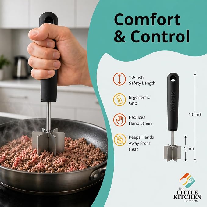 2pc Large Stainless Steel Meat Chopper, Masher & Cocktail Muddler | Dishwasher Safe | 6-Blade Chopper Tool | Oversized Ergonomic Handle | Heat Resistant Grip | 2 x 10" black