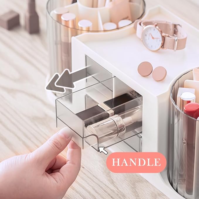 360 Rotating Makeup Brush Holder with 3 Drawers, Makeup Organizer Countertop with 10 Slots Pencil Holder for Countertop + 3 Drawer, Makeup Organizer Countertop for vanity (White (3 Drawer))