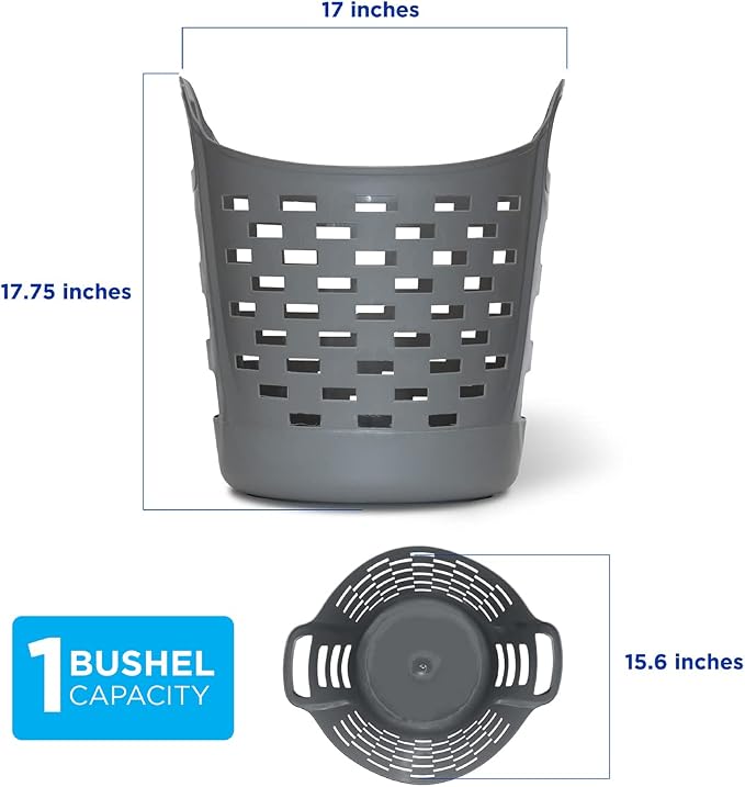 Clorox Flexible Laundry Basket - Plastic Hamper for Clothes, Bedroom, and Storage - Portable Round Bin with Carry Handles, 1 Bushel, Grey