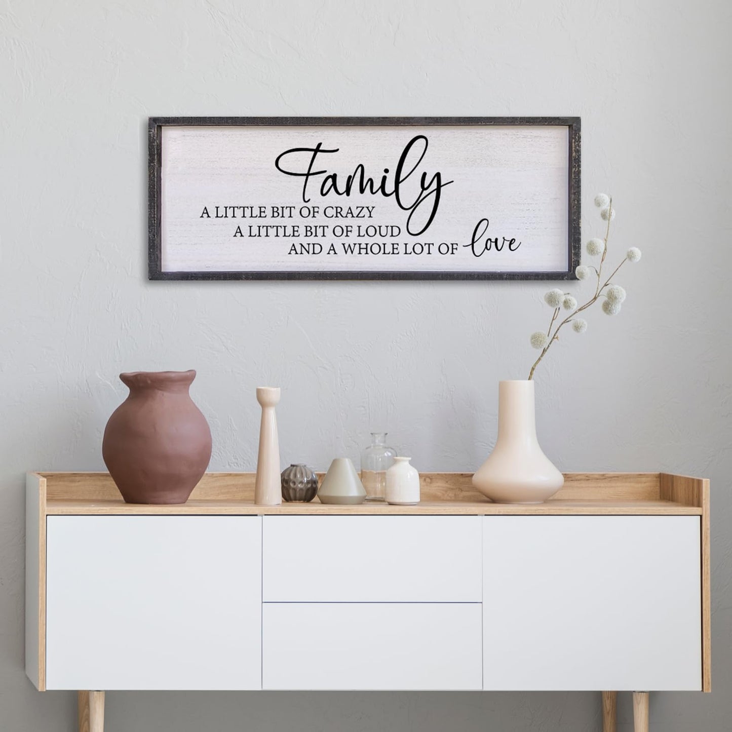 Family A Little Bit Of Crazy Sign Wall Decor 32"×12" Rustic Farmhouse Living Room Large Soild Wood Framed Hallway Hanging Sign Aesthetic Inspirational Quotes Entryway Home Wall Art (Black)