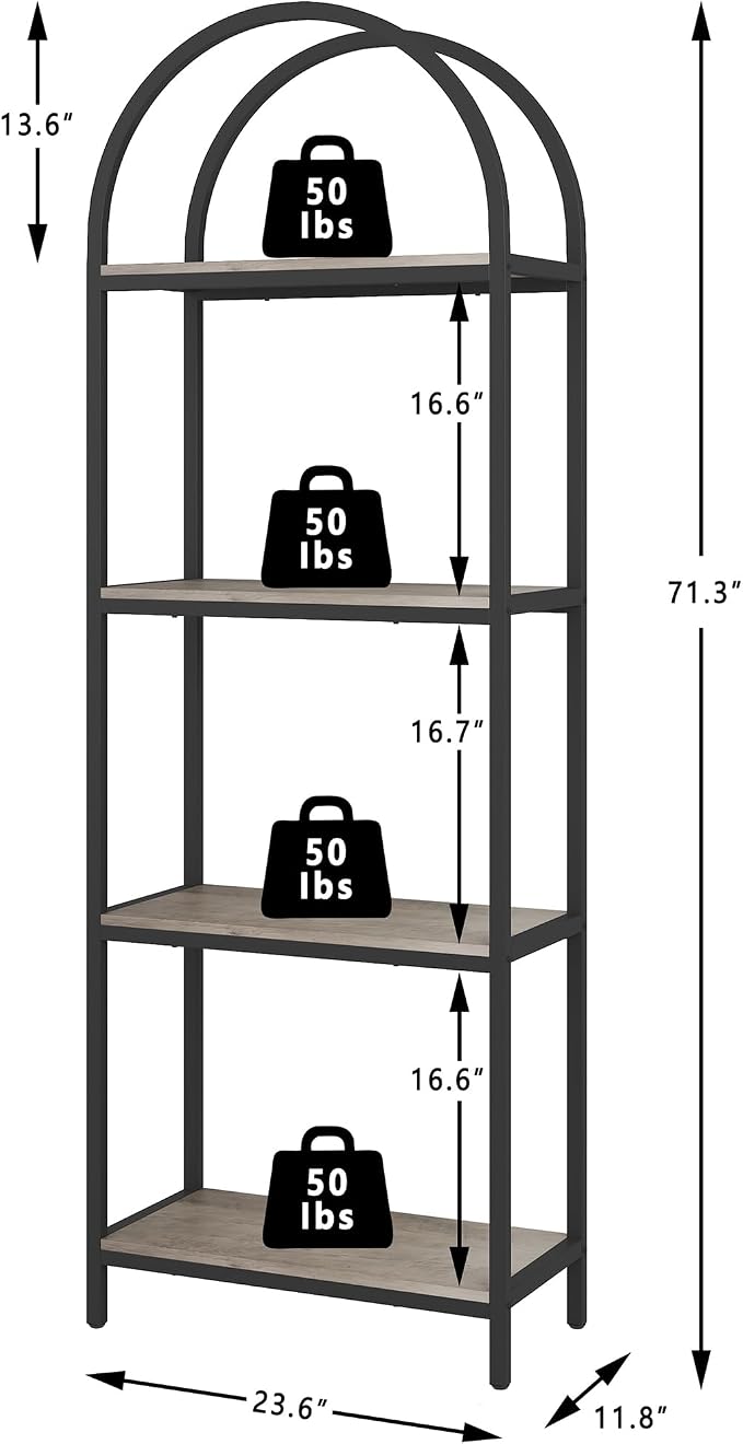 Yusong Bookshelf 4 Tier Arched Bookcase, 71.3" Tall Industrial Open Book Shelves for Living Room, Modern Freestanding Display Shelving Storage Rack Metal Frame, Office, Bedroom, Grey