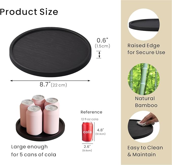 VERTORGAN Bamboo Serving Tray,8.7 Inch Decorative Trays Platter for Coffee Table,Living Room,Bar,Party,Mini Charcuterie Boards Cheese Board,Home Decor（Black）