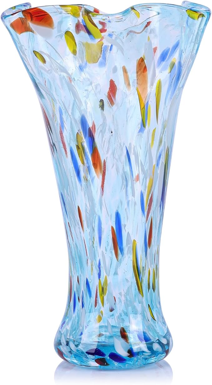 9.0" H Aqua Glass Vases for Flowers, Unique Hand Blown Glass Vase Aqua Home Decor, Wide Mouth Colorful Flower Vase Centerpieces, for Living Room Table Bookshelf, Bathroom Office Shelf Decorative