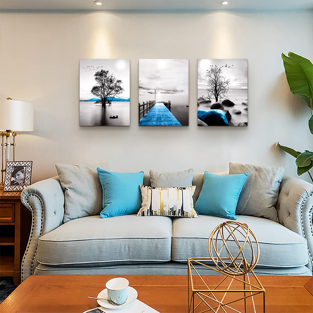 Framed Canvas Wall Art for Living Room, Bedroom, Office - Black and White Ocean Landscape Paintings - Modern Posters and Pictures for Bathroom Home Decor - 3 Piece Set