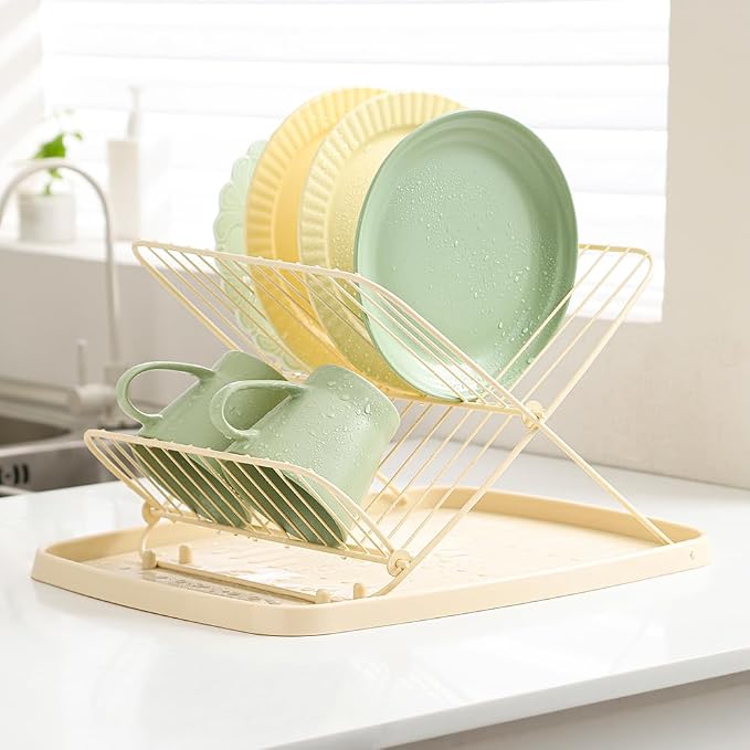 Folding Dish Drying Rack with Drip Tray Collapsible Dish Rack for Kitchen Counter 2 Tier Foldable Dish Drainers for Large Capacity Wire Expandable, Cream