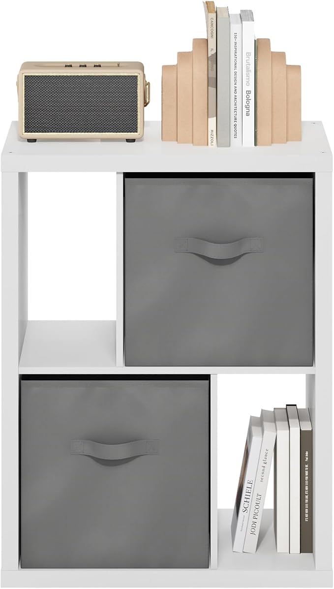 Furinno Viola Standing Storage Shelf with Two Storage Bins, White/Light Grey