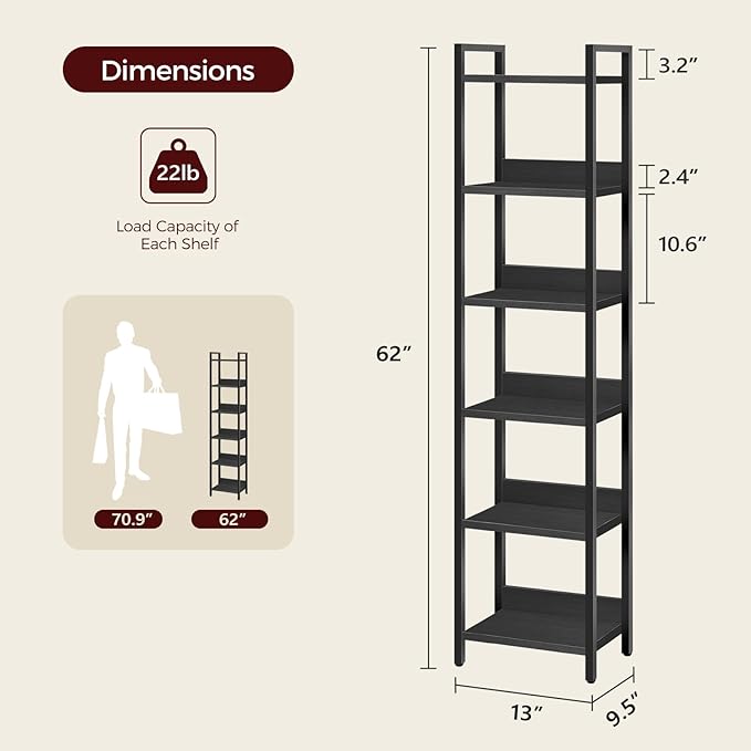 MAHANCRIS Bookshelf, 6-Tier Bookcase, Standing Book Shelf for Small Space, Storage Shelf Organizer, for Living Room, Bedroom, Study, Balcony, Black BKHB6601