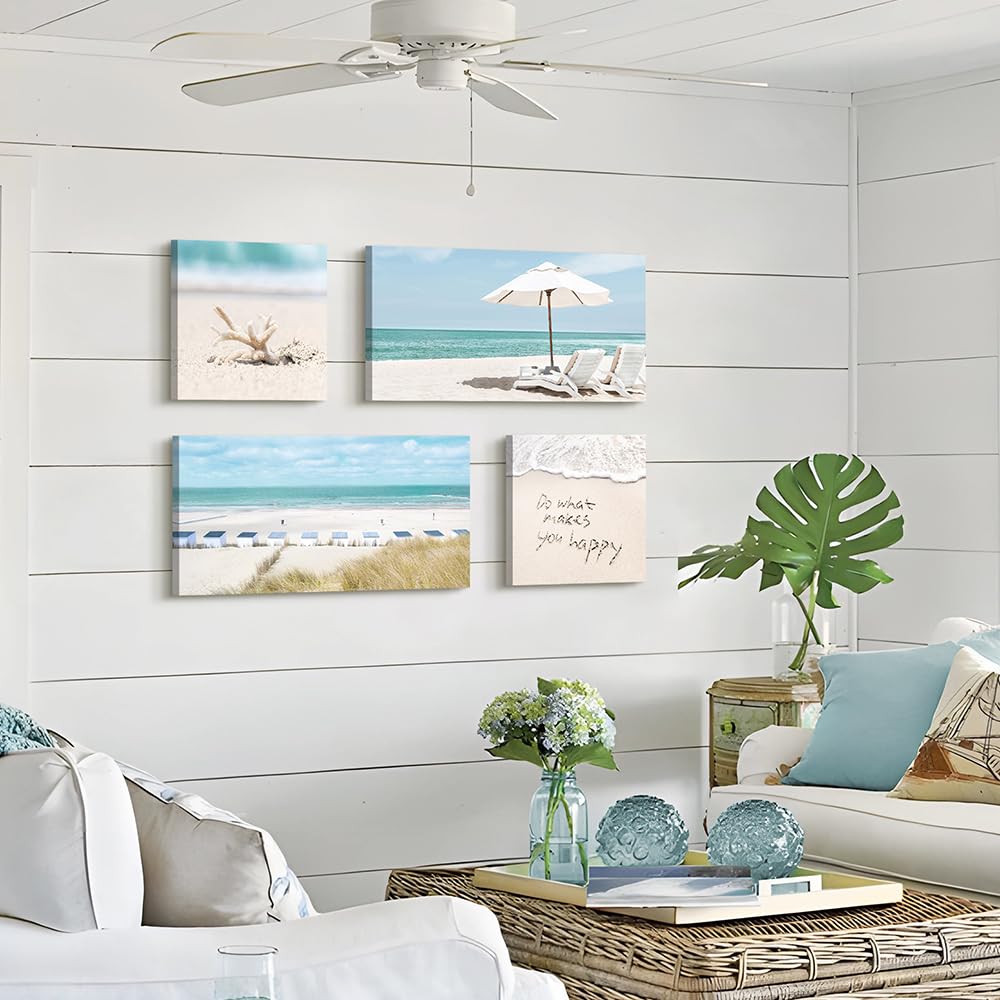 Coastal Canvas Wall Art Picture: Sandy Beach Chair Print 4 Piece Tropical Ocean Seascape Decor Artwork Relaxing Sea Scene Seashell Painting for Living Room Bedroom