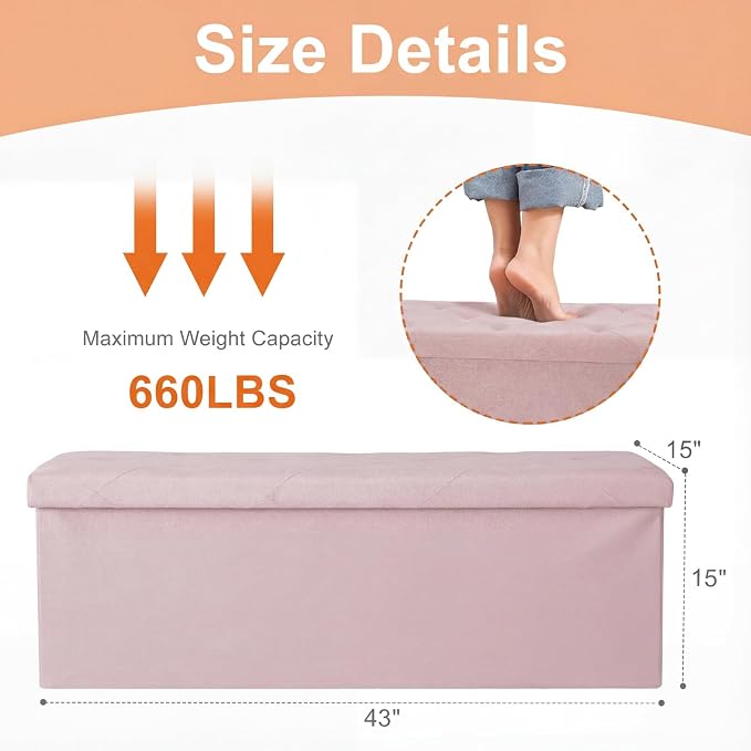Sweetcrispy 43 Inch Folding Storage Ottoman Bench, Large Hidden Storage Chest with Padded Seat, Foot Rest Stool Supports Up to 660Lbs, End of Bed Bench for Bedroom, Living Room, Linen Fabric, Pink