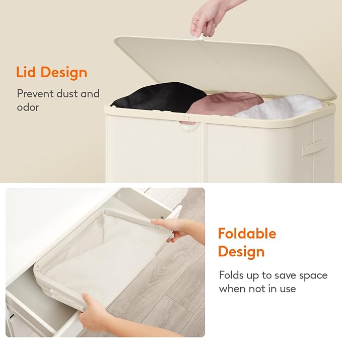 Lifewit 185L 3 Section Laundry Hamper with Lid, Large Laundry Basket with Handles and Removable Bags, Tall Clothes Hamper, Foldable Laundry Sorter for Bedroom Bathroom, White