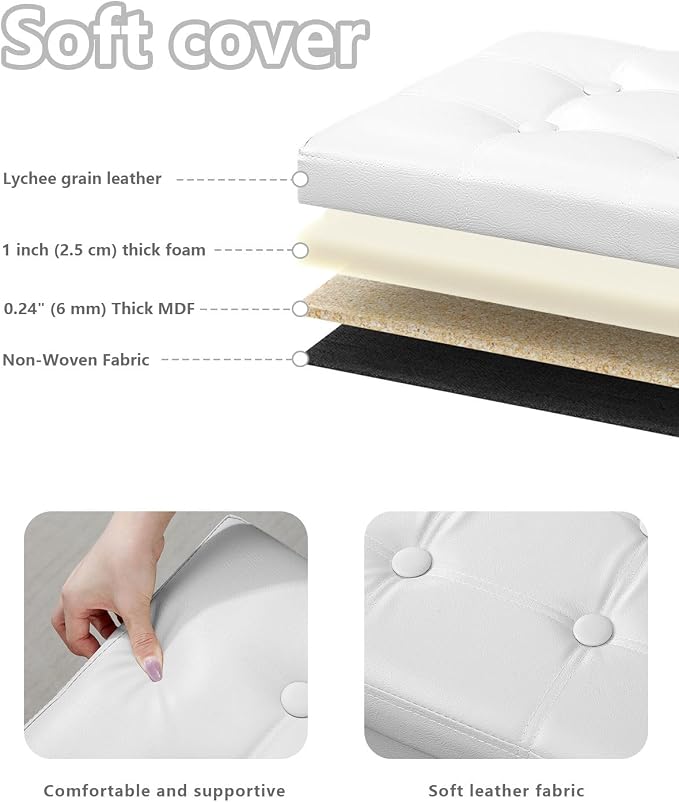 Bsketa Folding Storage Ottoman, Foot Stool with Thicker Foam Padded Seat Small Leather Storage Ottoman Bench Foot Rest for Living Room Foldable Coffee Table 17x13x13in,White