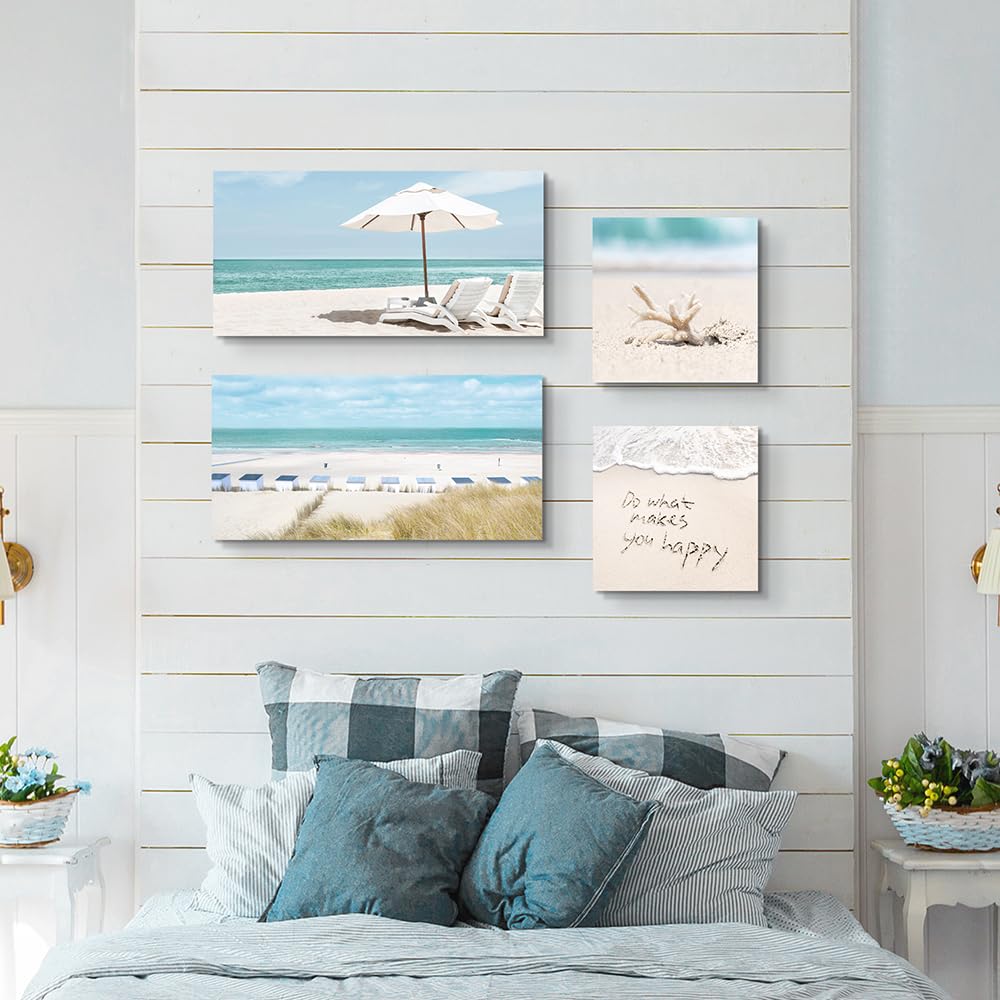 Coastal Canvas Wall Art Picture: Sandy Beach Chair Print 4 Piece Tropical Ocean Seascape Decor Artwork Relaxing Sea Scene Seashell Painting for Living Room Bedroom