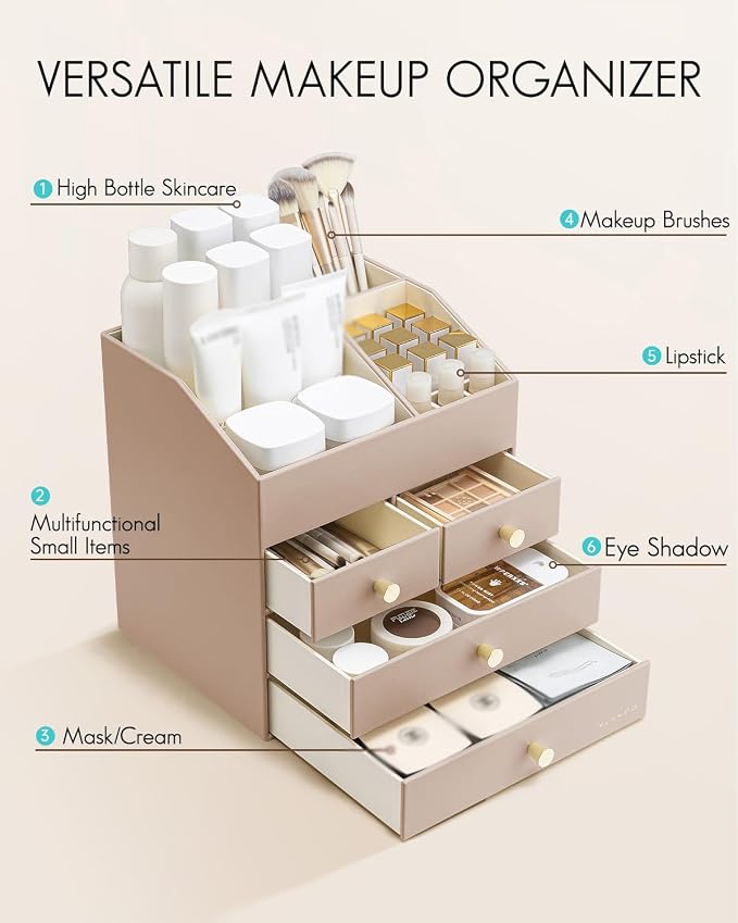 VLANDO Makeup Organzier,Vanity Organizer with Drawers, PU Leather Skincare Organizer Perfume Organizer,Large Cosmetic Display Case for Lipstick,Brushes Gifts for Women, Toffee, 4 Layer