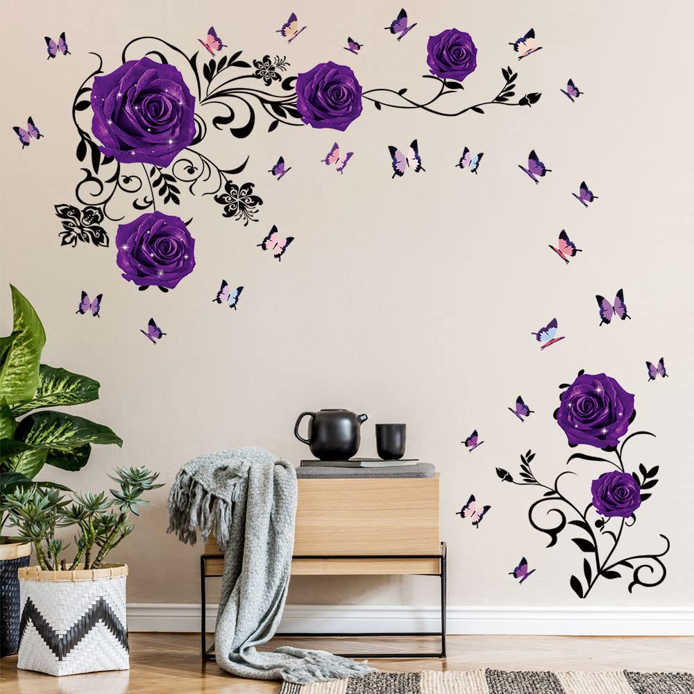 Supzone Purple Rose Wall Stickers Rose Flower Vine Wall Decal Purple Peony Floral Wall Decor DIY Vinyl Mural Art for Bedroom Living Room Sofa Backdrop