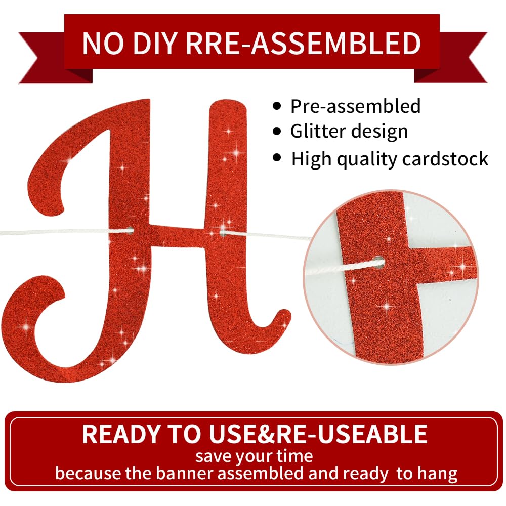 BEISHIDA Red Happy Birthday Banner - NO DIY,10Feet,Pre-Strung-Glitter Backdrop Happy Birthday Sign,Decorations for Women,Bday Party Decorations