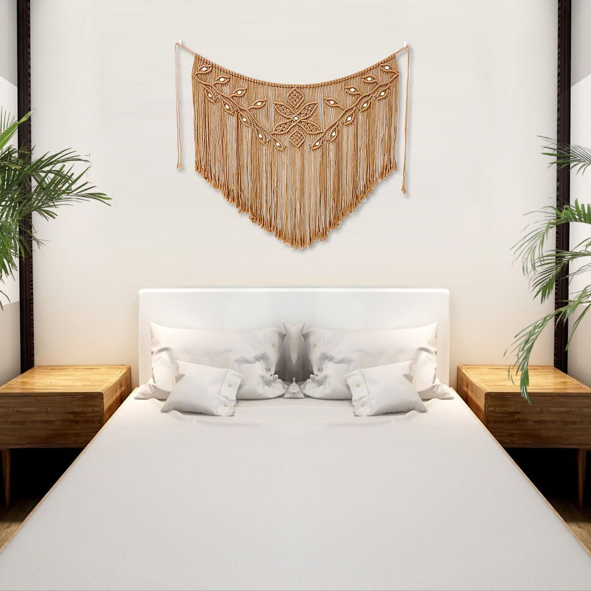 Youngeast Home Decor Leaf Shape Macrame Wall Hanging Woven Tapestry Bedroom Curtain Fringe Garland Banner Living Room Wall Decor Brown 39X31 inches