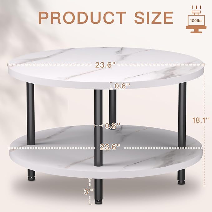 FAMIDGE Round Coffee Table, 23.6" Circle Coffee Table for Living Room, 2-Tier Wood Accent Center Table with Open Storage Industrial Design Home Furniture, White