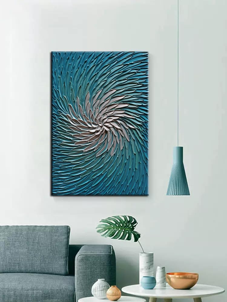 YaSheng Art - 24x36inch Wall Art 3D Vertical Wall Art ,100% hand painted Modern Abstract Wall Art ,Oil Painting Blue and Silver Canvas Wall Art Artwork ,Wall Art for Living Room, Bedroom Wall Decor,Office Wall Decor Home ,Framed Wall Art