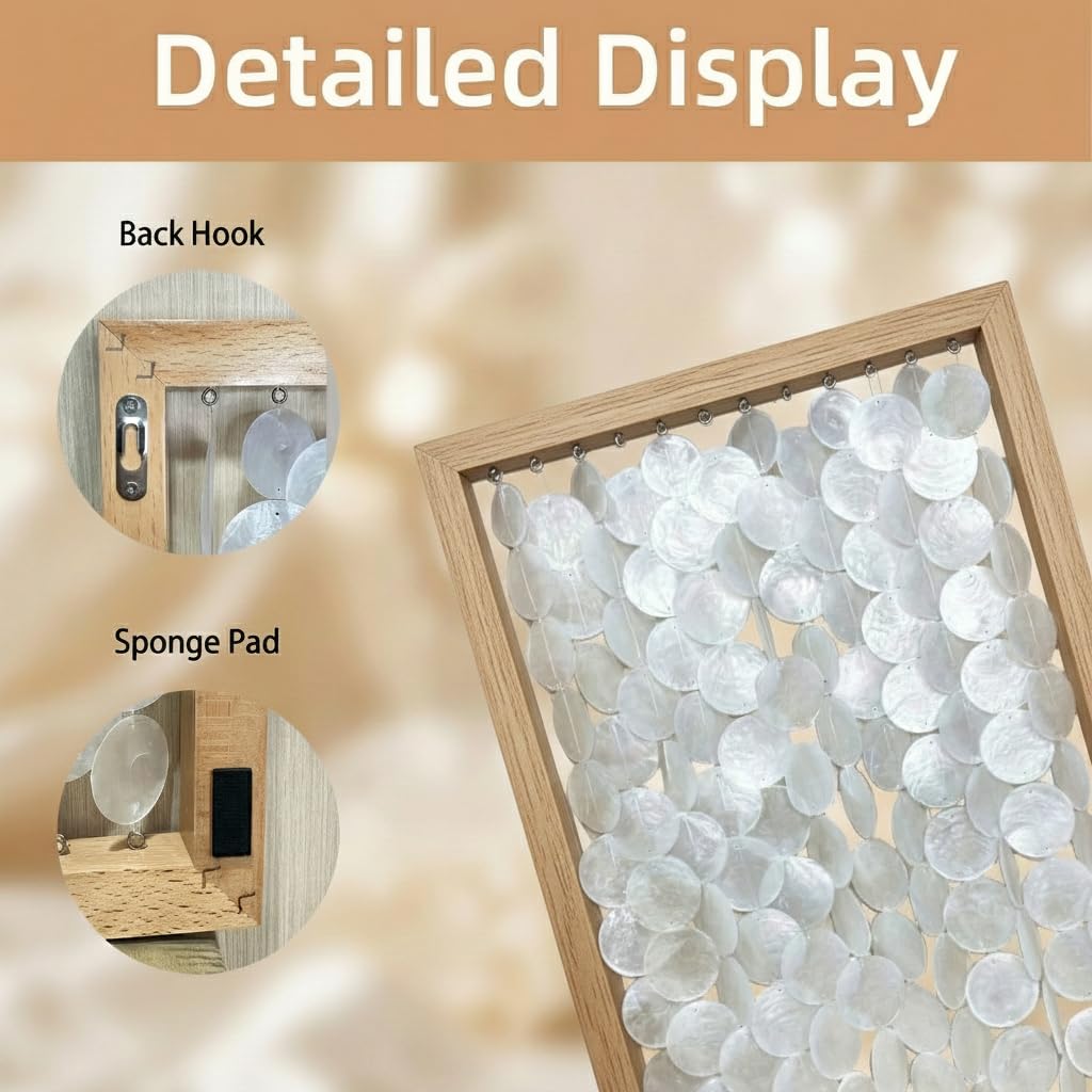 Vechor Handmade 24"x15.7" Capiz Shell Wall Art, Coastal Beach Décor，Solid Wood Frame, Natural White Seashell Hanging for Living Room, Bedroom, Office