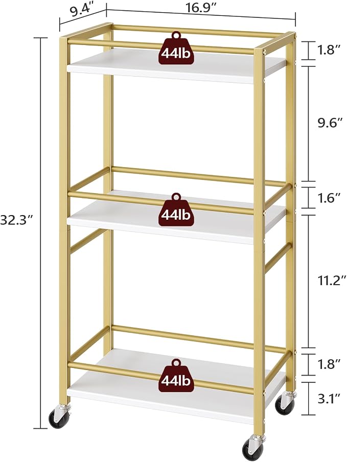 MAHANCRIS Bar Cart for The Home, 3-Tier Drink Cart on Wheels, Home Bar Serving Cart, Mini Bar Cart for Small Space, Rolling Kitchen Carts for Bar, Kitchen, Dining Room, Gold RCJW4001