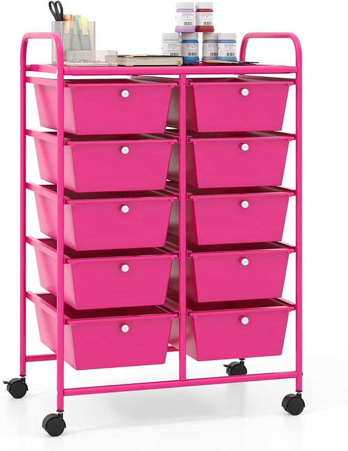 Giantex 10 Drawers Rolling Cart, Classroom Organizers, Storage Cart with Wheels, for Teacher Office Home School Supplies Tool Craft Art Paper, Hot Pink