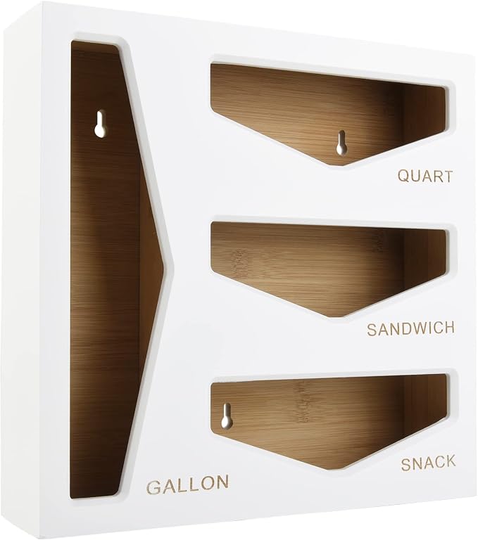 Bamboo Bag Storage Organizer for Kitchen Drawer, Baggie organizer, Compatible with Gallon, Quart, Sandwich and Snack Variety Size Bags (White)
