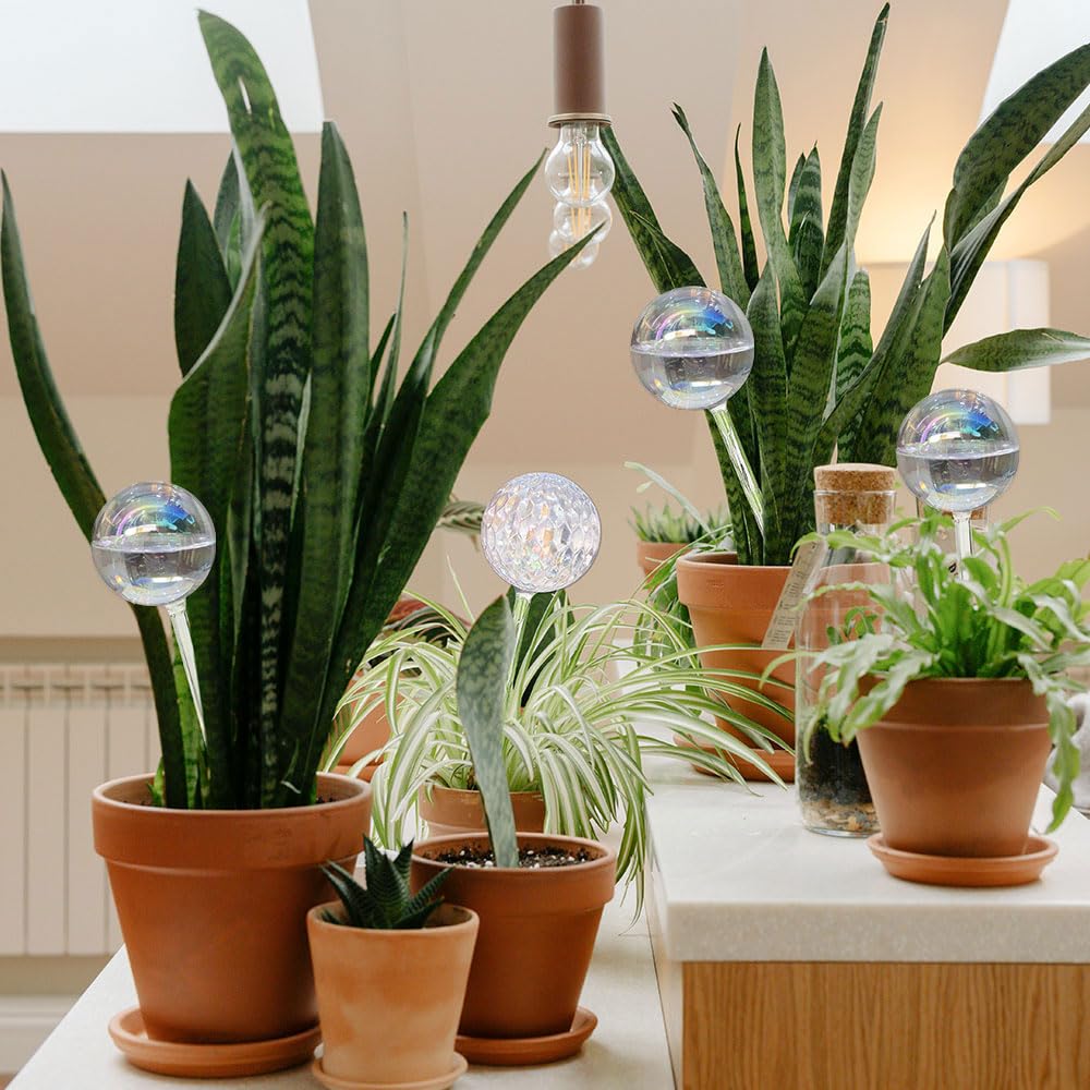 Vividaire Glass Plant Watering Globes, Water Plants While Away Slow Self Watering Planter Insert Bulbs for Outdoor Indoor Plants, Vacation Plant Watering System Devices (Iridescent Medium 3-Pack)