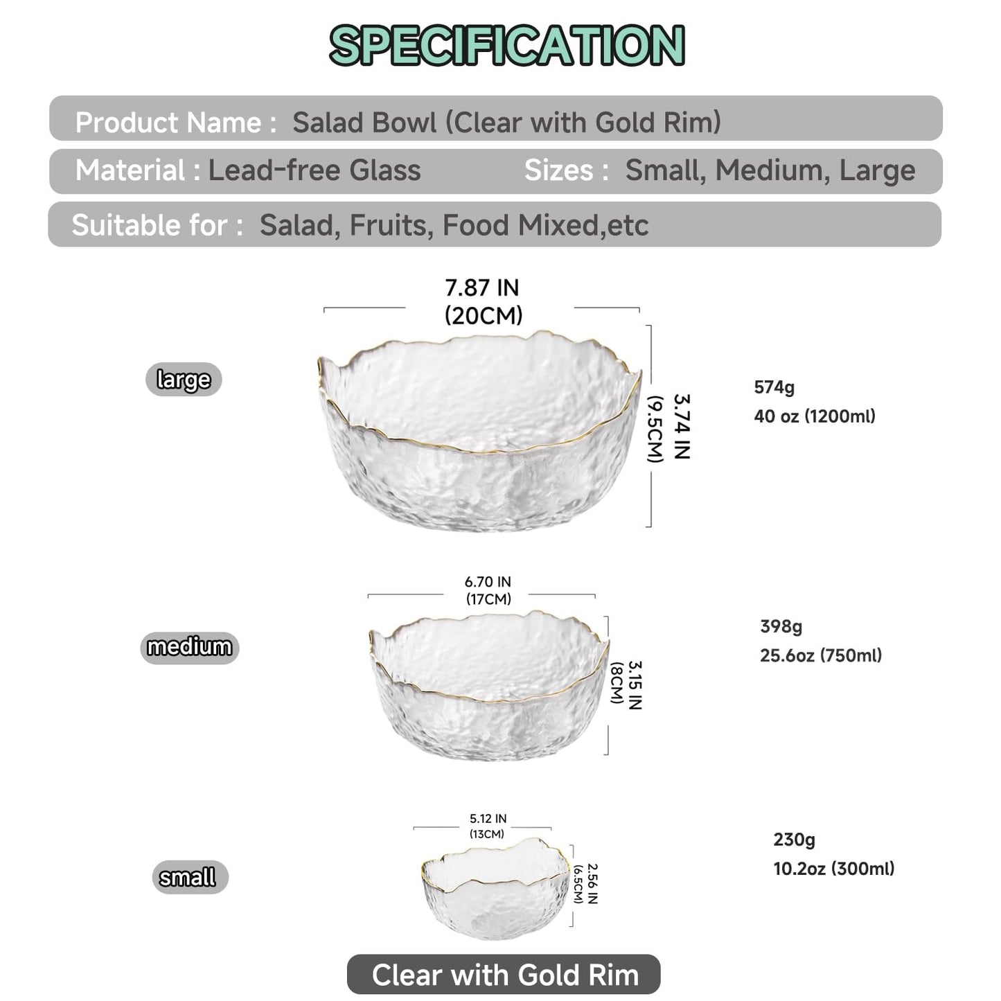 SYXLTSH Glass Salad Bowl Irregular Lotus Flower Shape Serving Bowls, Mixing Nut Bowls for Kitchen Fruist, Snack, Dessert, and Ice Cream Candy Dishes (Crystal Clear with Gold Rim, Medium)