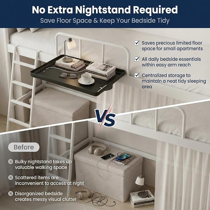 Bedside Shelf，Bunk Bed Shelf, Clip-On Bedside Tray with Cable Management, Floating Nightstand for College Dorm Loft Bed, Back to School Essential