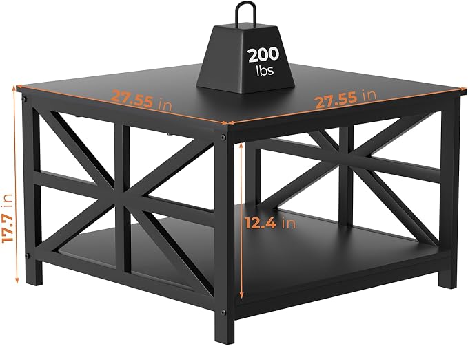 GreenForest Modern Living Room Coffee Table with 2 Tier Storage, Small Square Wood and Metal Farmhouse Center Table with Seamless One-Piece Tabletop, 27.55 Inch, Black