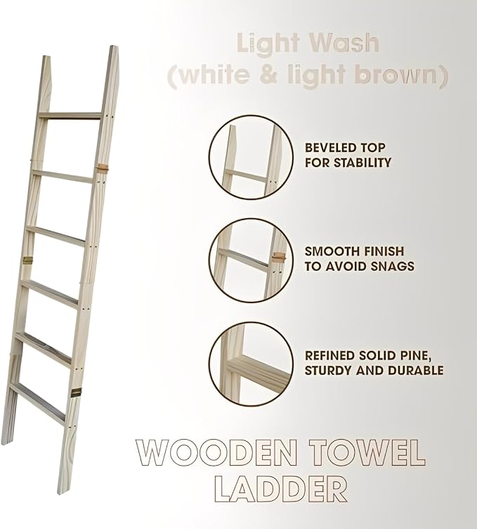 Blanket Ladder for Living Room 6-Tier, Wooden Decorative Quilt Holder for Bed Room, Wall-Leaning Towel Rack for Bathroom, Decorative Blanket Ladder Wood for Home Decor & Display (Light Wash)