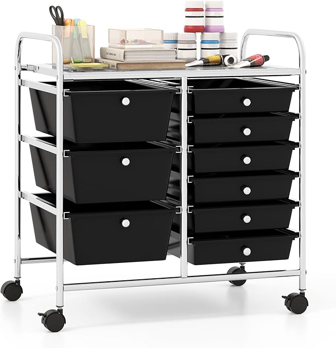 Giantex 9 Drawers Rolling Cart, Classroom Organizers, Storage Cart with Wheels, for Teacher Office Home School Supplies Tool Craft Art Paper, Black