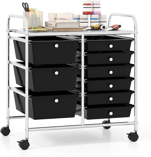 Giantex 9 Drawers Rolling Cart, Classroom Organizers, Storage Cart with Wheels, for Teacher Office Home School Supplies Tool Craft Art Paper, Black