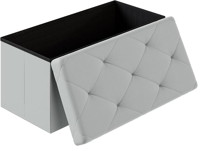 Sweetcrispy 30 Inches Folding Ottoman with Storage Bench, Foot Rest Stool, End of Bed Storage Bench Upholstered, Load 660 lbs, for Living Room, Synthetic Leather, Grey