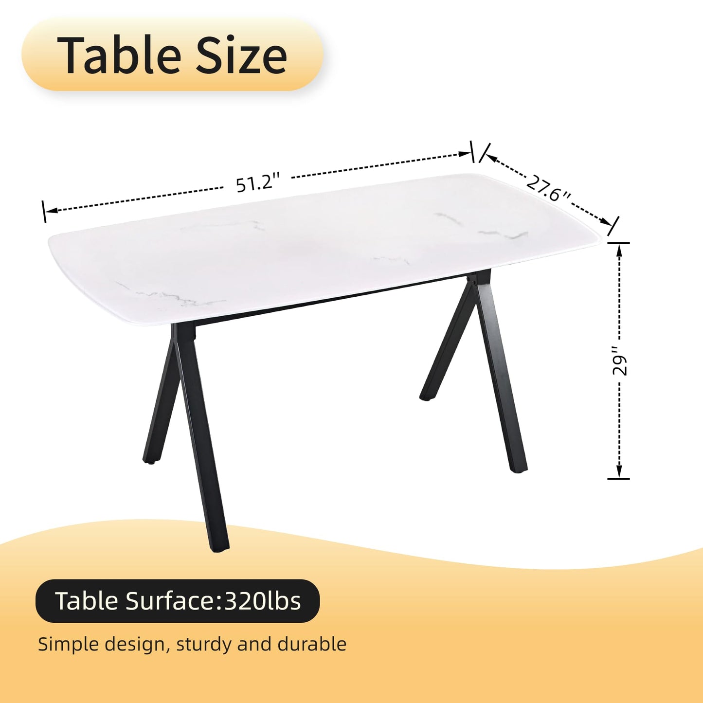 KEIKI 51.2" Rectangular Dining Table for 4-6, Tempered Glass Marble-Top with Gold Metal Legs, Modern Kitchen Dining Table, Space-Saving Rectangular Kitchen Table, White Black