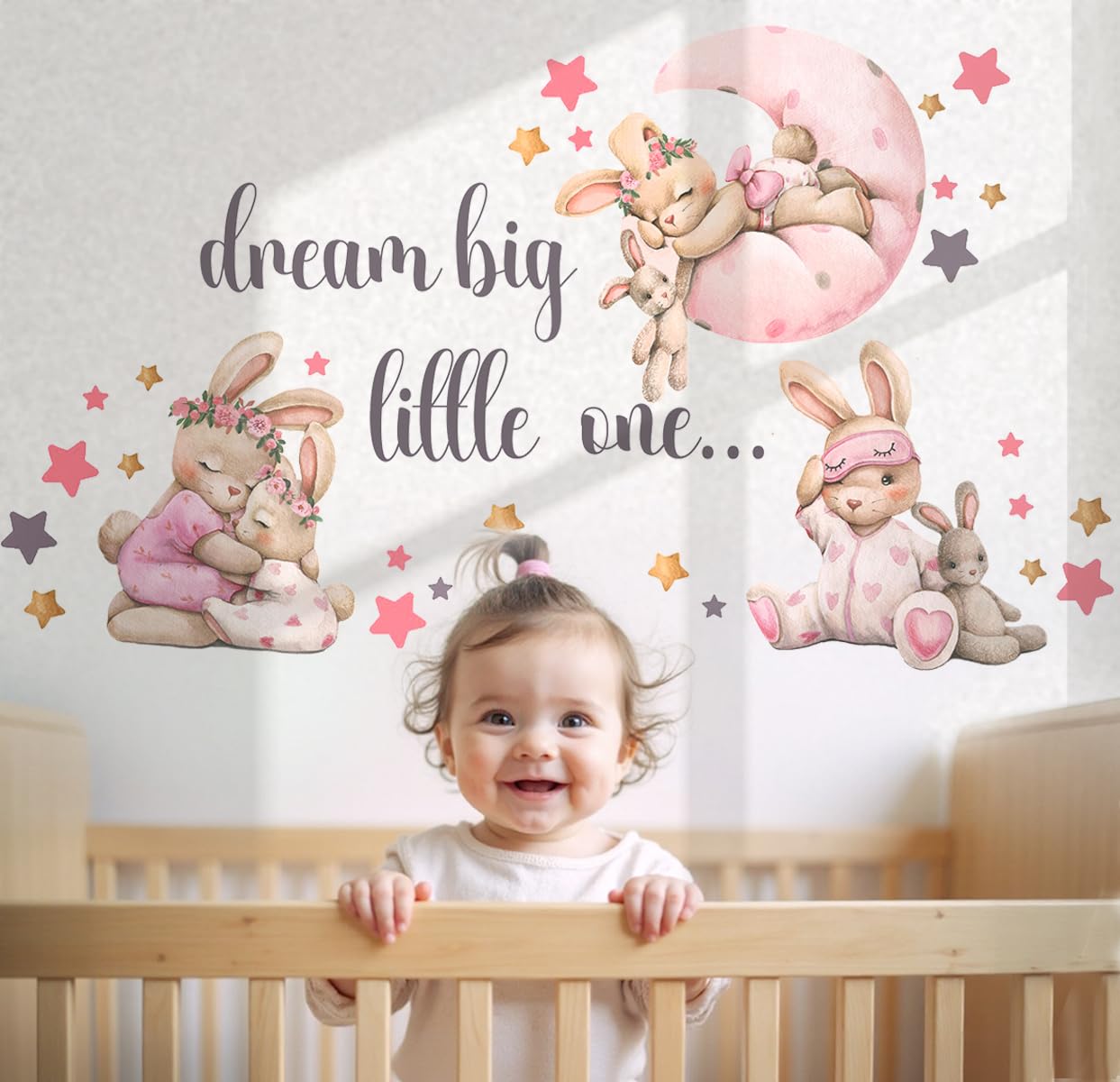 Pink Bunny Nursery Wall Decals-Baby Girl Room Rabbit Wall Decor, Animal Stickers for Kids Playroom, Toddler Bedroom and Nursery Decoration, Removable Vinyl Decals, Peel and Stick Easy to Apply.
