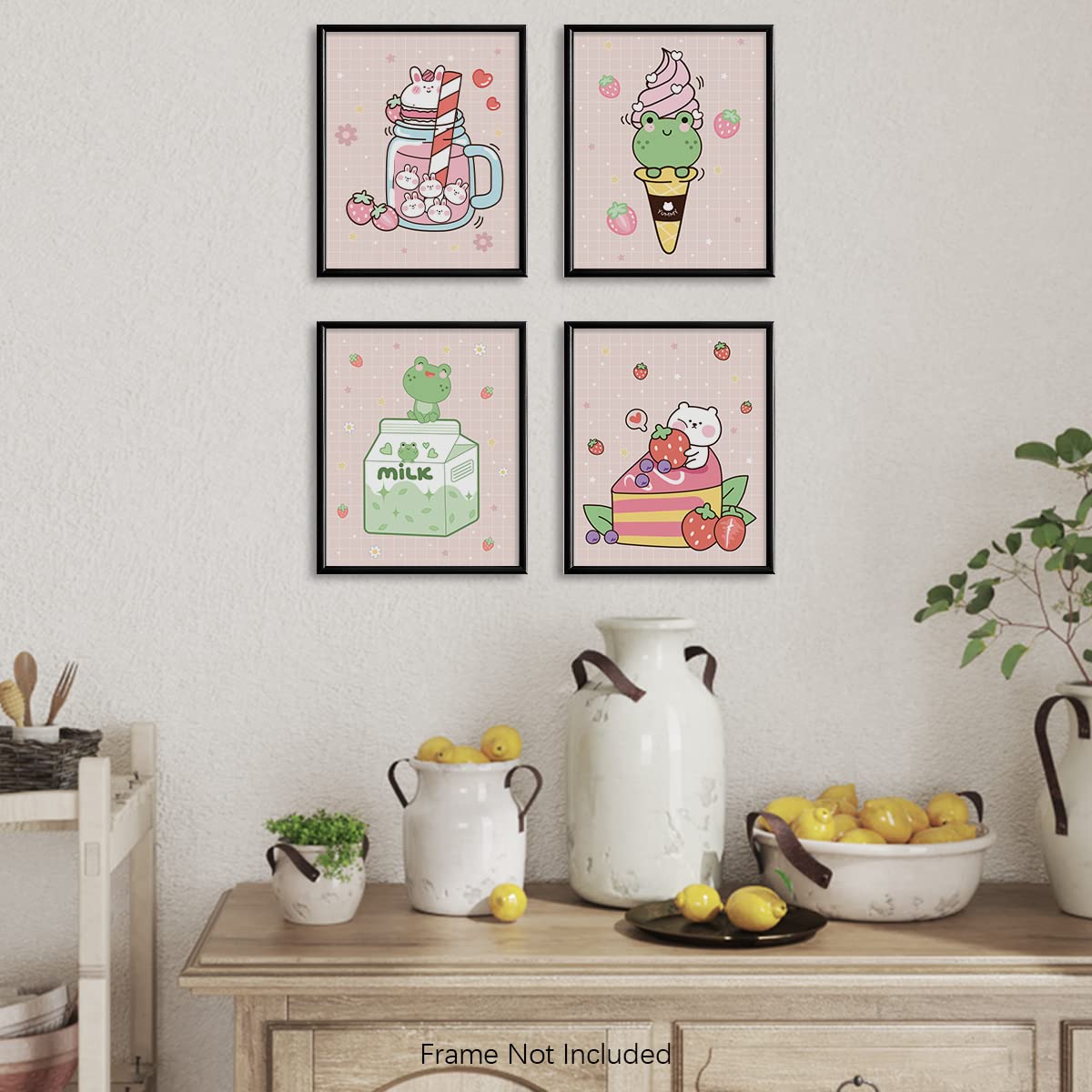 Kawaii Japanese Anime Wall Decor for Dining Room - Pink Cute Kitchen Room Decor - Aesthetic Rabbit Frog Strawberry Poster Print for Teen Girl Bedroom Wall Art - Kids Nursery Gifts - Apartment Pictures