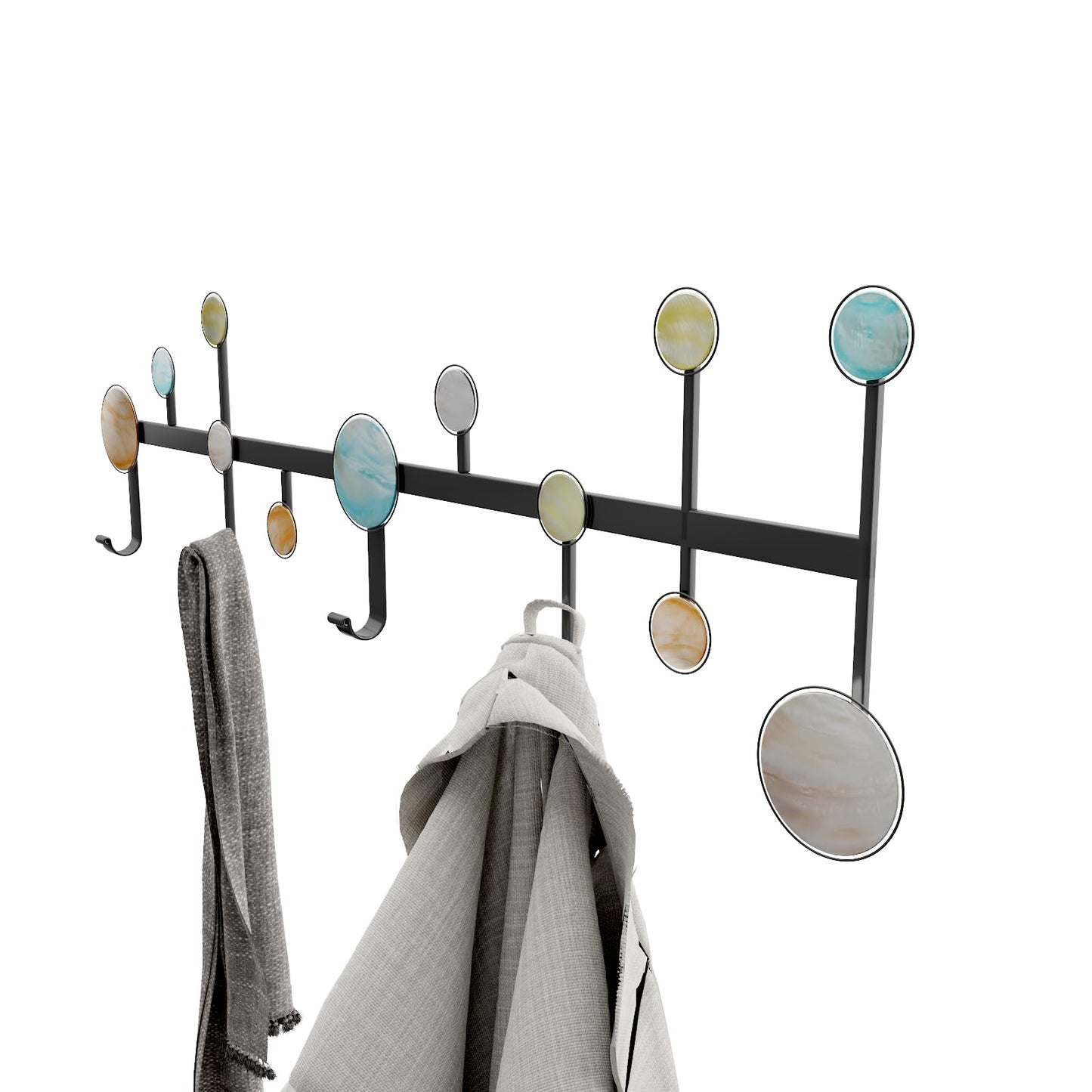 AROCUSHI 25.5" Wall Mounted Coat Rack with 5 Hooks-Modern Metal Wall Decoration Organizer，Black Matte Finish with Shell Decor, Heavy Duty Hanging Hooks (Includes Mounting Hardware & Adhesive)