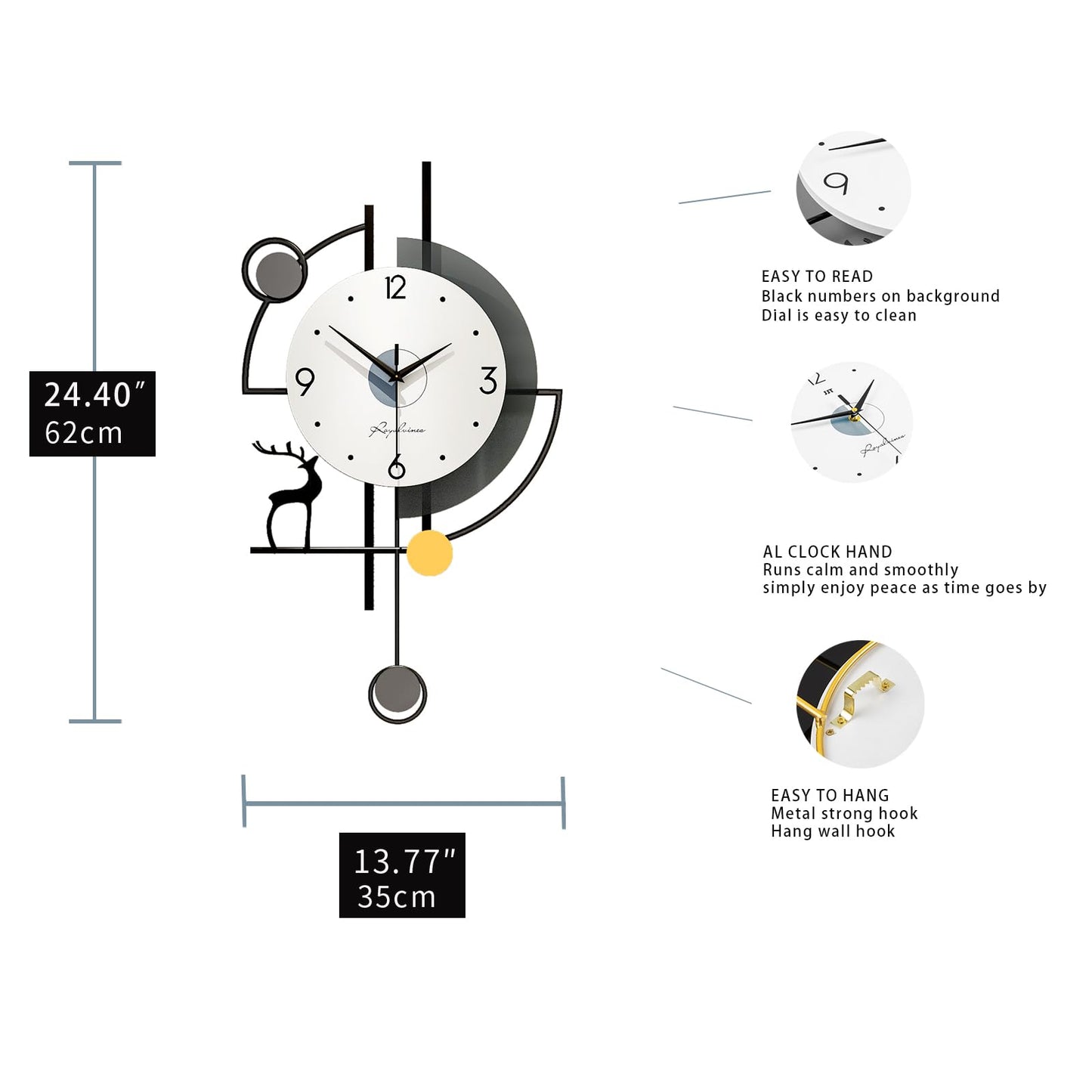 FLEBLE Large Wall Clocks for Living Room Decor Modern Pendulum Wall Clock Silent Quartz Battery Operated Non-Ticking for Bedroom Kitchen Office 24inch Black Metal Deer Clock Wall Decor for Home Indoor
