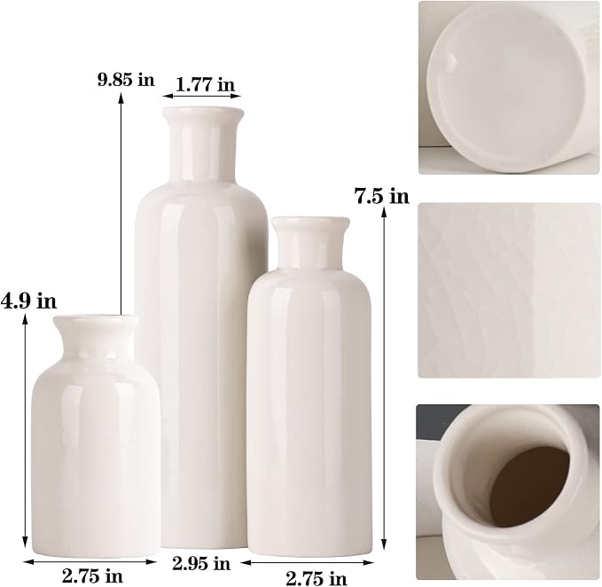 White Ceramic Vase Set - 3 White Small Vases, Farmhouse Country Flower Vase Home Decor, Living Room Decoration, Table Decoration, Fireplace Decor, and Entrance Decorations Centerpieces
