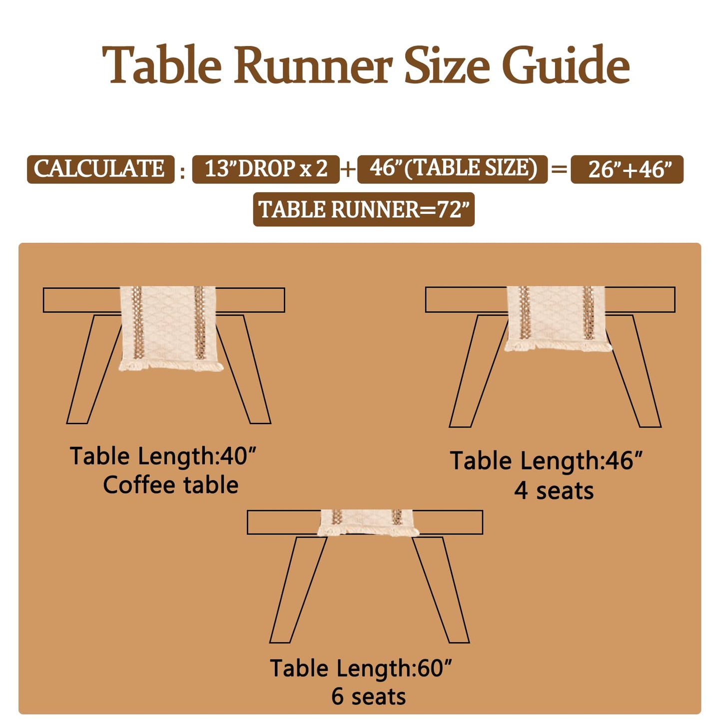 Niviy Boho Table Runner for Summer Home Decor 72 Inches Long Farmhouse Macrame Table Runner Cotton Linen Woven Table Runners for Fall Dining Table Decoration, Beige & Brown