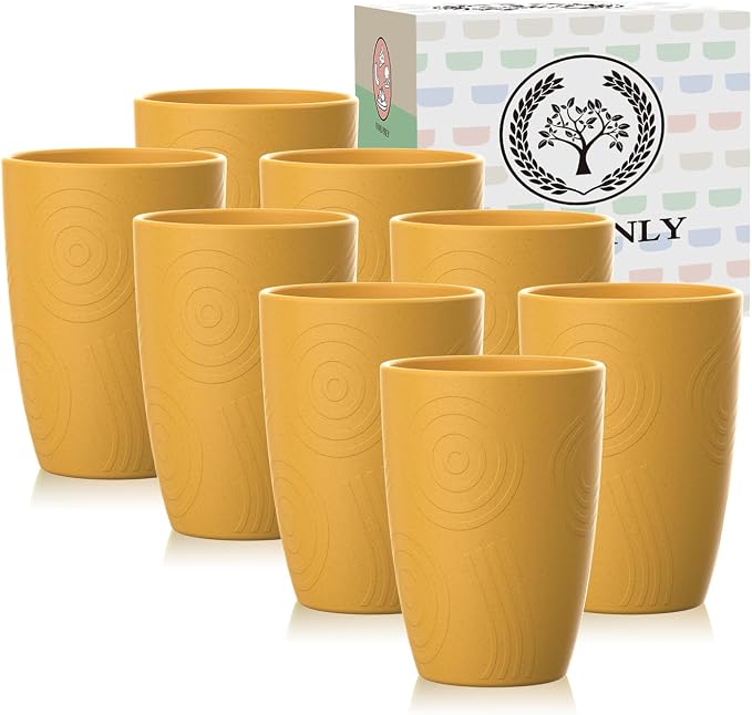 Homienly Wheat Straw Cups Set 8 PCS, 12 OZ Reusable Plastic Cups Alternative, Unbreakable Drinking Glasses for Kitchen, Party, Gatherings, Dishwasher & Microwave Safe Cup Set for Water, Juice(Yellow)