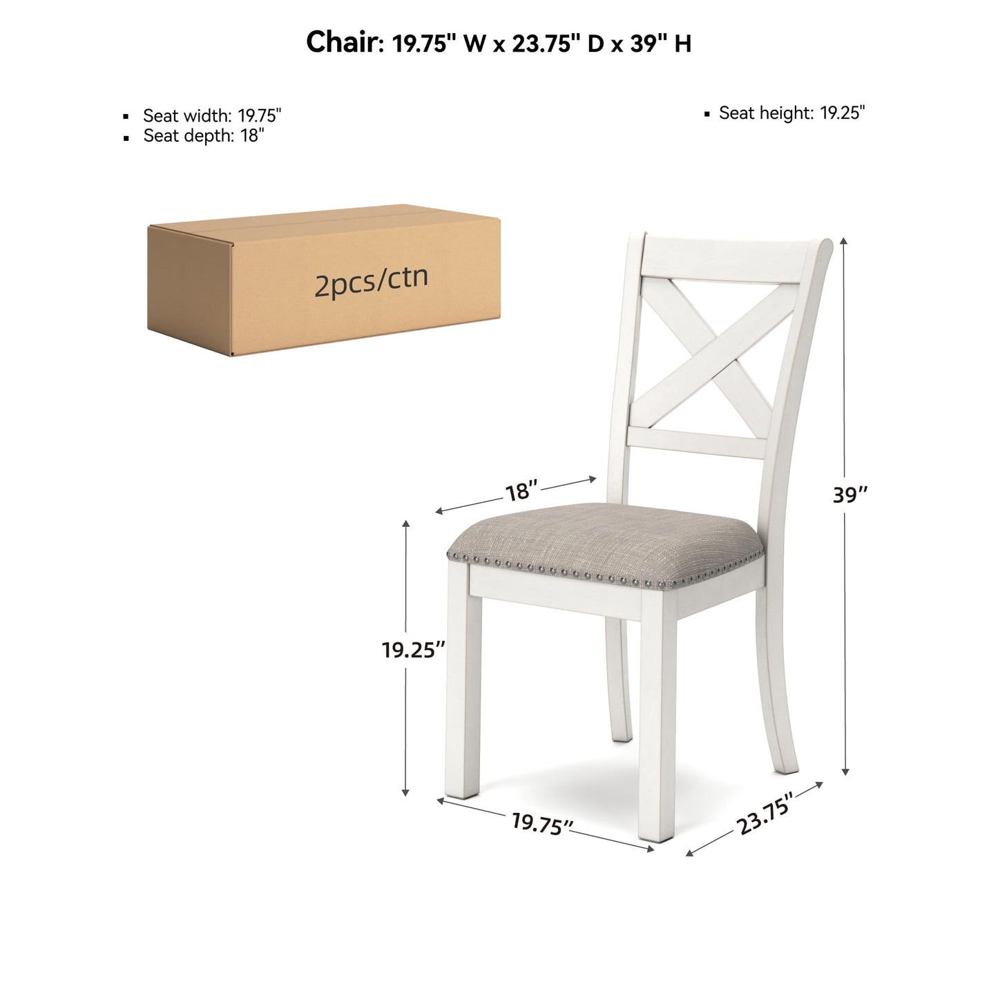 Signature Design by Ashley Robbinsdale Casual Upholstered Solid Wood Dining Chair with Nailhead Trim, Set of 2, White & Light Gray
