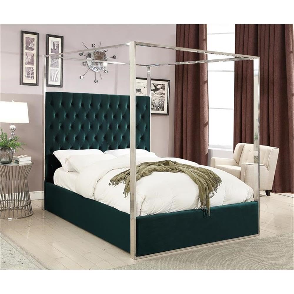 Meridian Furniture Porter Collection Modern | Contemporary Velvet Upholstered Bed with Deep Detailed Tufting and Chrome Canopy, Green, King