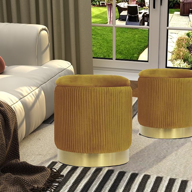 YYW HOME Round Ottoman with Storage Set of 2 Velvet Yellow Foot Stool for Living Room or Dorm, Vanity Stool Chair for Bedroom Small Ottoman Coffee Table, Removable Lid, Hallway, Assembly Free