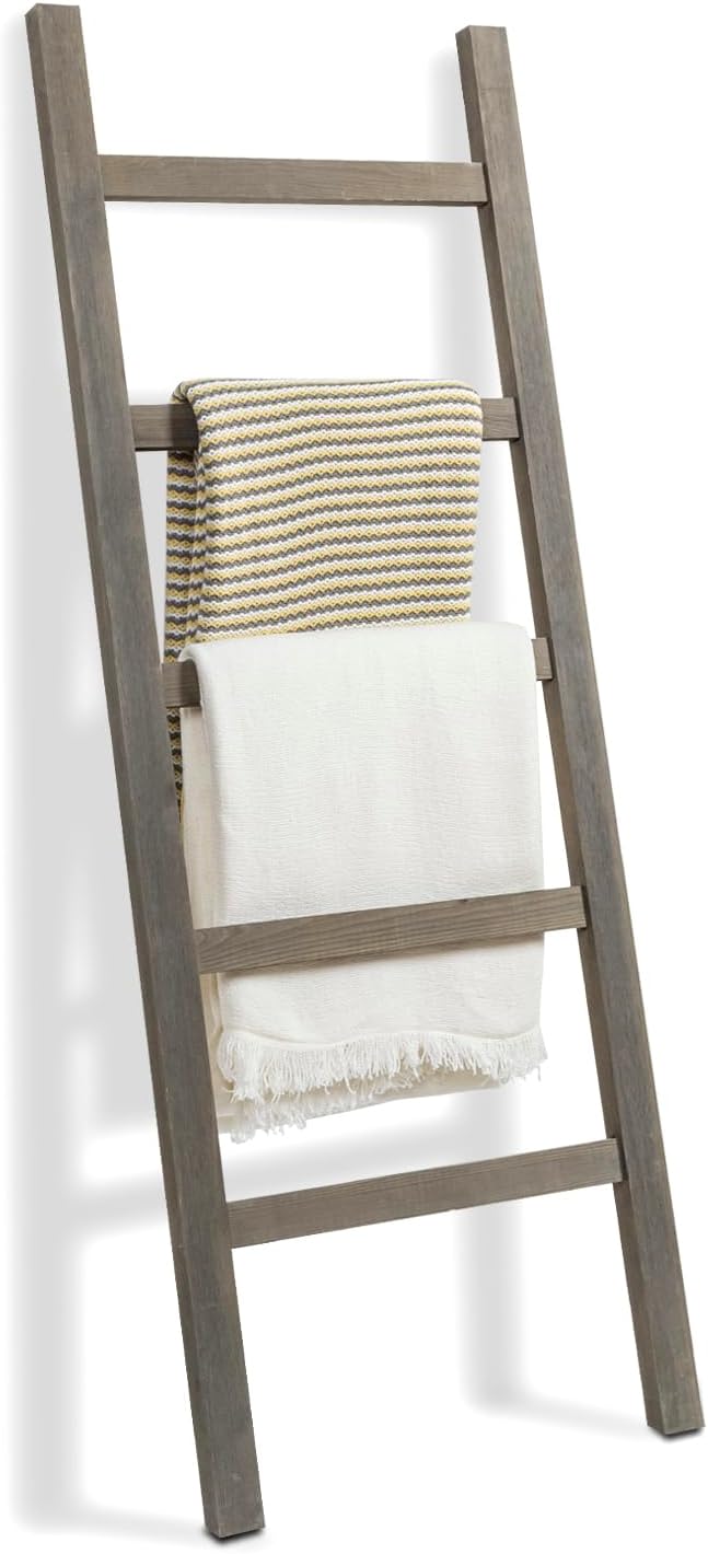 MyGift 54 inch Tall Fully Assembled Wood Blanket Ladder, 5-Tier Wall Leaning Towel Rack, No Assembly, Gray